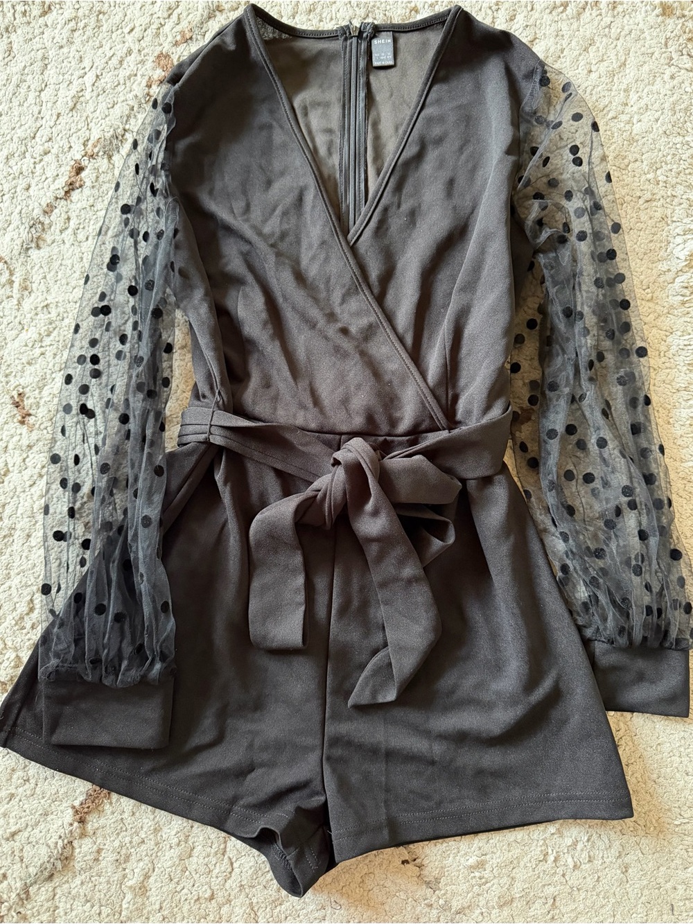 Women's Black Polka Dot Mesh Sleeve Romper
